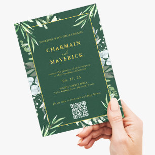Mörk Skog Grön Minimal Kant Text Guld Bröllop Inbjudningar