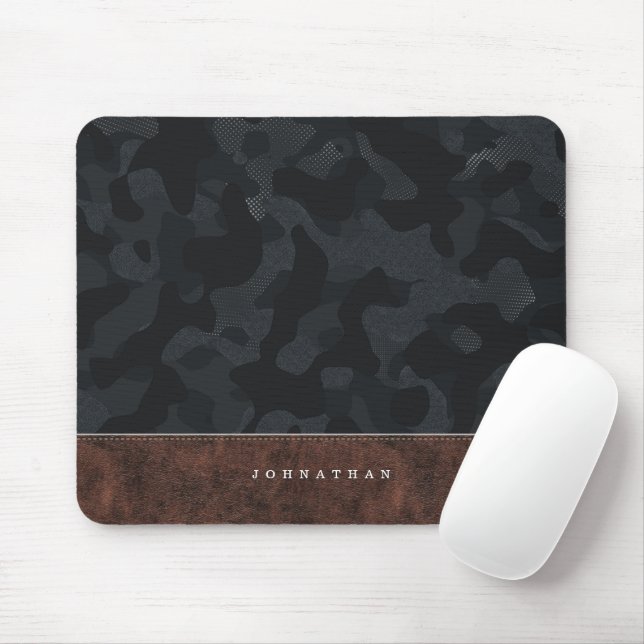 Mörk Slate Grått Camouflage Mönster och läder Musmatta (Med mus)