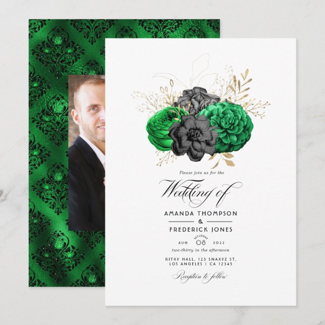 Mörk smaragd och guld blommande bröllop inbjudningar (Fram/baksida)