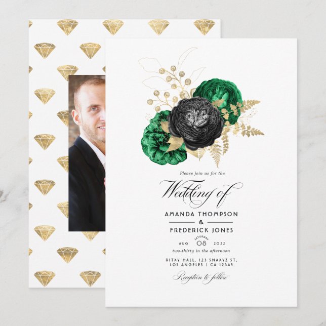 Mörk smaragd och guld blommande bröllop inbjudningar (Fram/baksida)