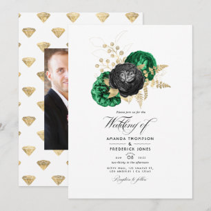 Mörk smaragd och guld blommande bröllop inbjudningar