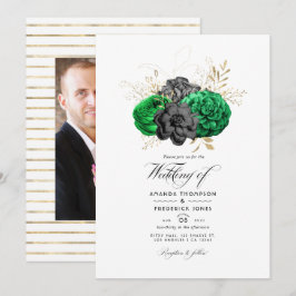Mörk smaragd och guld blommande bröllopsfoto inbjudningar