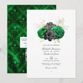 Mörk smaragd och guld blomster QR-kod RSVP bröllop Inbjudningar