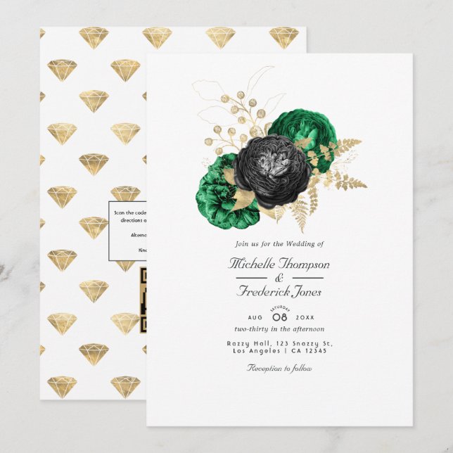 Mörk smaragd och guld blomster QR-kod RSVP bröllop Inbjudningar (Fram/baksida)