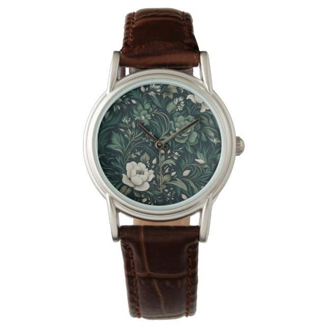 Mörk smaragdgrön blomster armbandsur (Framsida)
