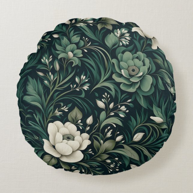 Mörk smaragdgrön blomster rund kudde (Framsidan)