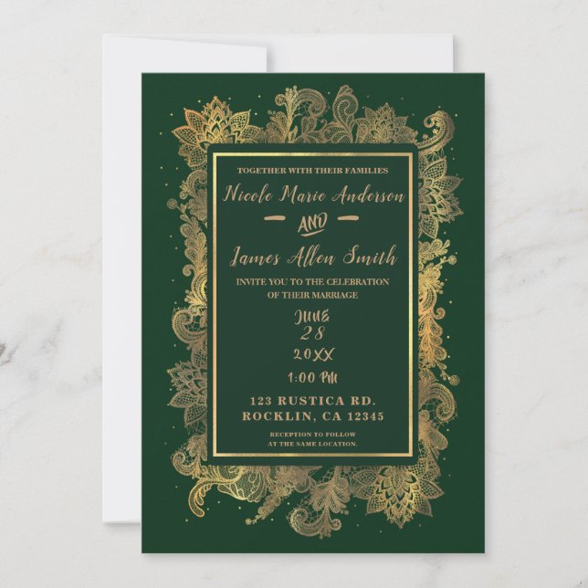 Mörk smaragdgrön & guld elegant blomklänning bröll inbjudningar (Framsida)