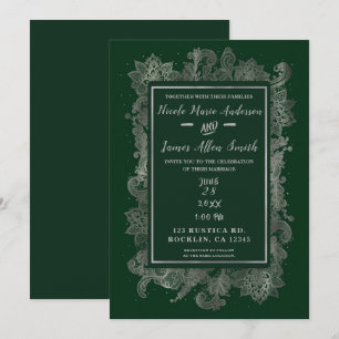 Mörk smaragdgrön & Silver Elegant Blommig Bröllop Inbjudningar