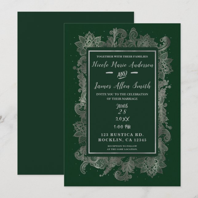 Mörk smaragdgrön & Silver Elegant Blommig Bröllop Inbjudningar (Fram/baksida)
