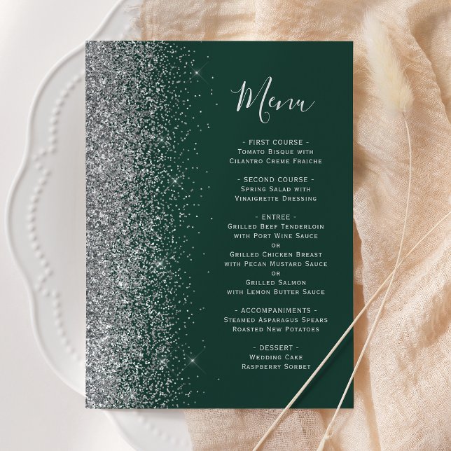 Mörk smaragdgrön silverglitterbröllop meny (Skapare uppladdad)