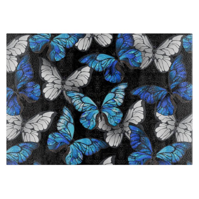 Mörk Sömlöst Mönster med Blue Butterflies Morpho (Framsidan)