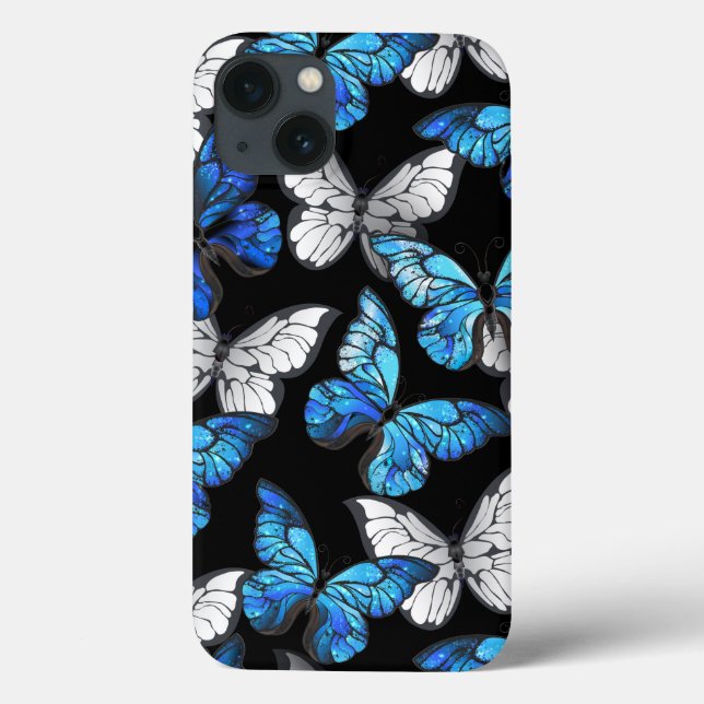 Mörk Sömlöst Mönster med Blue Butterflies Morpho (Baksida)