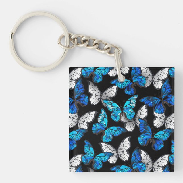 Mörk Sömlöst Mönster med Blue Butterflies Morpho (Framsidan)