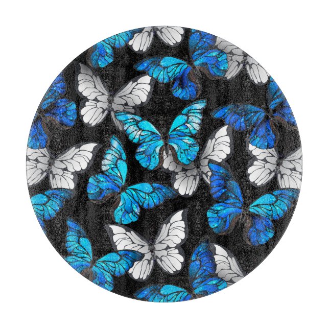 Mörk Sömlöst Mönster med Blue Butterflies Morpho (Framsidan)