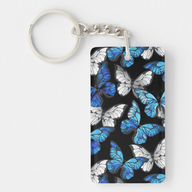 Mörk Sömlöst Mönster med Blue Butterflies Morpho (Framsidan)
