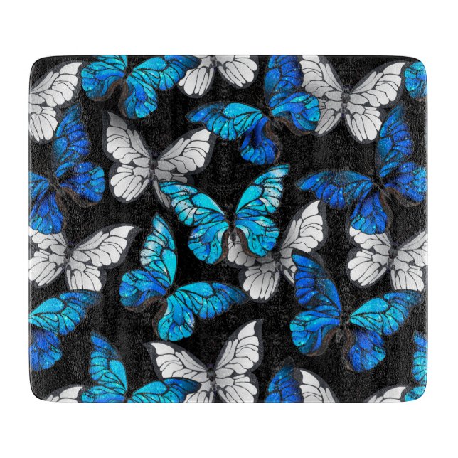 Mörk Sömlöst Mönster med Blue Butterflies Morpho (Framsidan)
