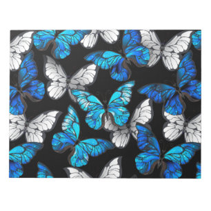 Mörk Sömlöst Mönster med Blue Butterflies Morpho Anteckningsblock