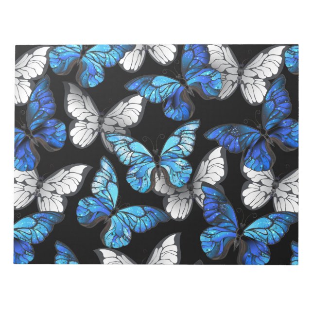 Mörk Sömlöst Mönster med Blue Butterflies Morpho Anteckningsblock (Framsida)