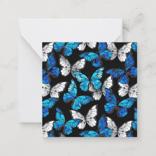 Mörk Sömlöst Mönster med Blue Butterflies Morpho Anteckningskort (Framsida)