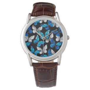 Mörk Sömlöst Mönster med Blue Butterflies Morpho Armbandsur