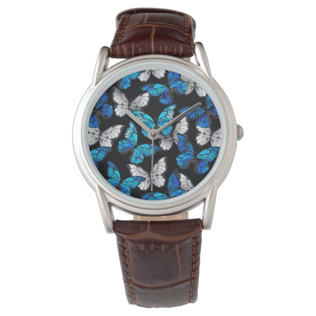 Mörk Sömlöst Mönster med Blue Butterflies Morpho Armbandsur (Framsida)