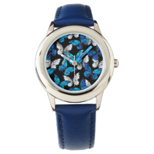 Mörk Sömlöst Mönster med Blue Butterflies Morpho Armbandsur