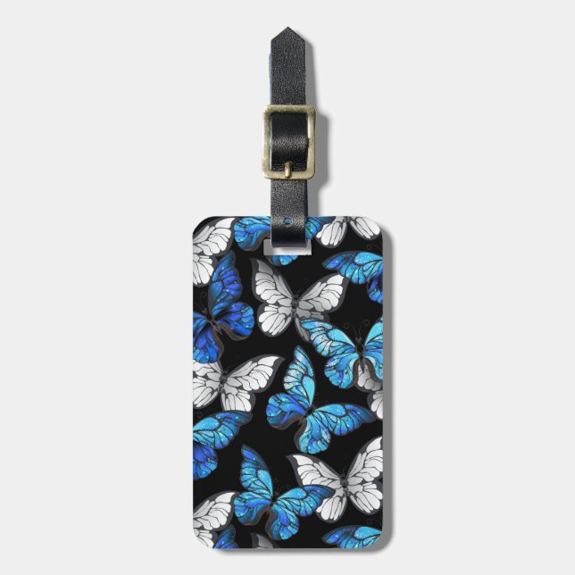 Mörk Sömlöst Mönster med Blue Butterflies Morpho Bagagebricka (Vertikal Framsida)