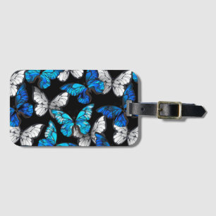 Mörk Sömlöst Mönster med Blue Butterflies Morpho Bagagebricka
