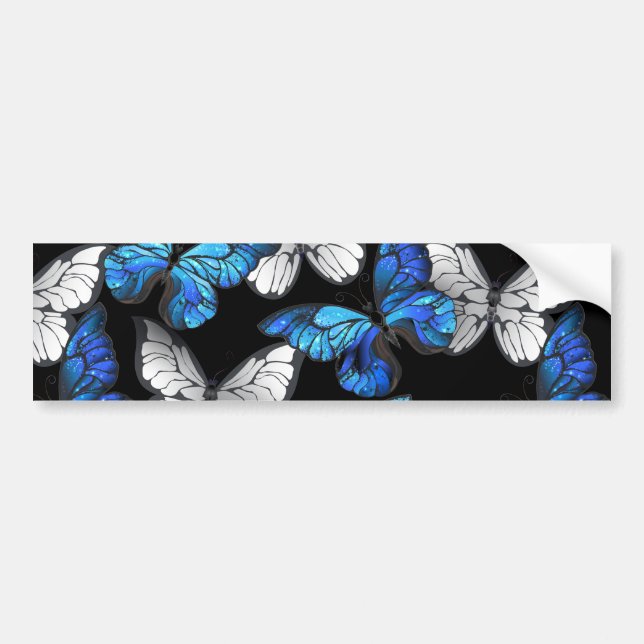 Mörk Sömlöst Mönster med Blue Butterflies Morpho Bildekal (Framsidan)