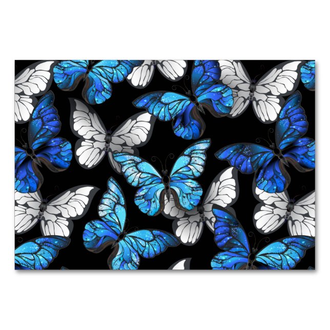 Mörk Sömlöst Mönster med Blue Butterflies Morpho Bordsnummer (Framsidan)