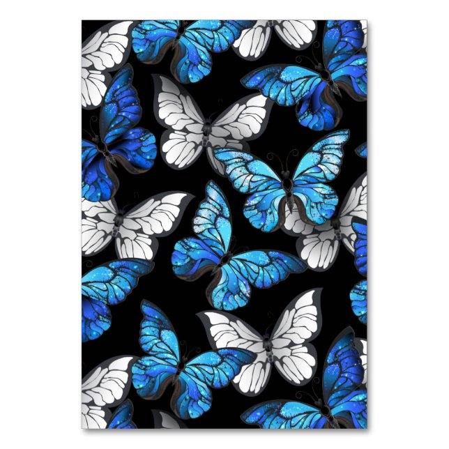 Mörk Sömlöst Mönster med Blue Butterflies Morpho Bordsnummer (Framsidan)