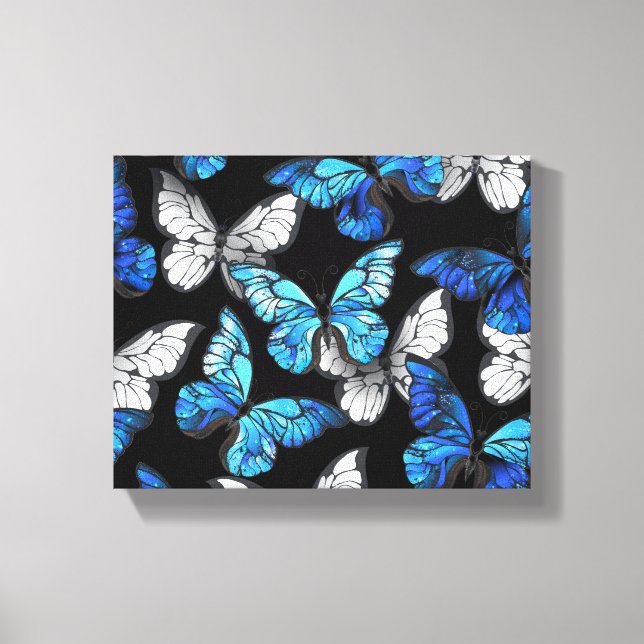 Mörk Sömlöst Mönster med Blue Butterflies Morpho Canvastryck (Framsida)