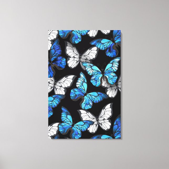 Mörk Sömlöst Mönster med Blue Butterflies Morpho Canvastryck (Framsida)