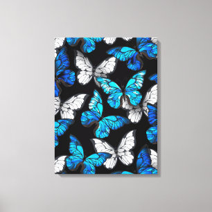 Mörk Sömlöst Mönster med Blue Butterflies Morpho Canvastryck