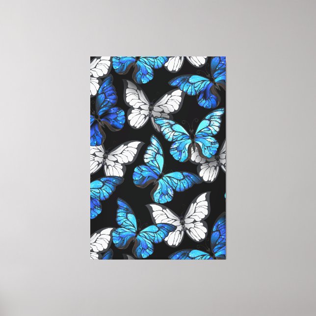 Mörk Sömlöst Mönster med Blue Butterflies Morpho Canvastryck (Framsida)