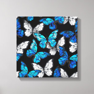 Mörk Sömlöst Mönster med Blue Butterflies Morpho Canvastryck