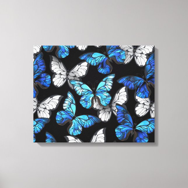 Mörk Sömlöst Mönster med Blue Butterflies Morpho Canvastryck (Framsida)