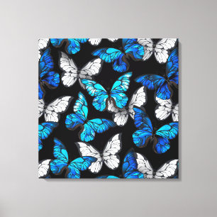Mörk Sömlöst Mönster med Blue Butterflies Morpho Canvastryck