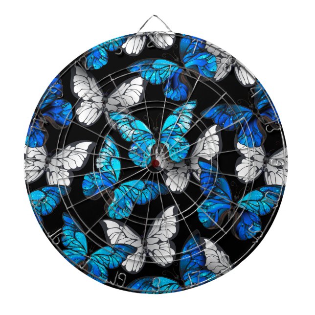 Mörk Sömlöst Mönster med Blue Butterflies Morpho Darttavla (Framsidan)