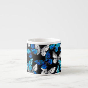 Mörk Sömlöst Mönster med Blue Butterflies Morpho Espressomugg