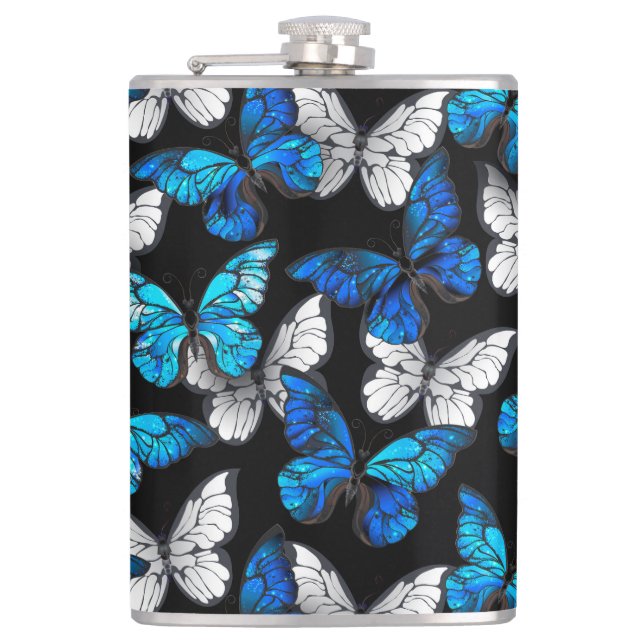 Mörk Sömlöst Mönster med Blue Butterflies Morpho Fickplunta (Framsidan)