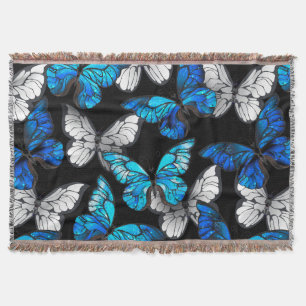 Mörk Sömlöst Mönster med Blue Butterflies Morpho Filt