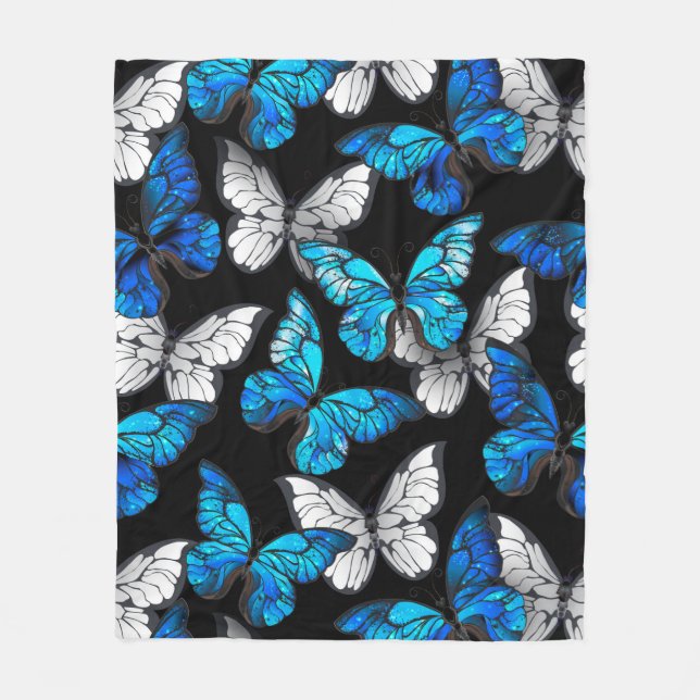 Mörk Sömlöst Mönster med Blue Butterflies Morpho Fleecefilt (Framsidan)