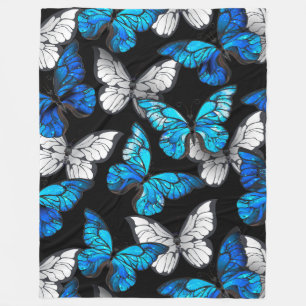 Mörk Sömlöst Mönster med Blue Butterflies Morpho Fleecefilt