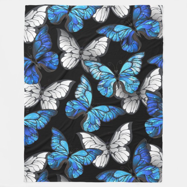 Mörk Sömlöst Mönster med Blue Butterflies Morpho Fleecefilt (Framsidan)