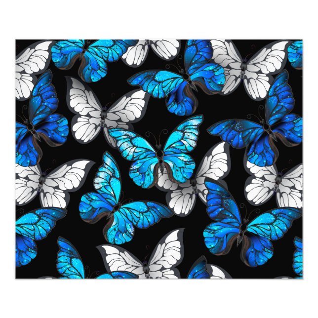 Mörk Sömlöst Mönster med Blue Butterflies Morpho Fototryck (Framsidan)