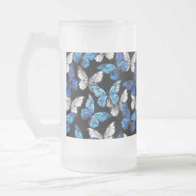 Mörk Sömlöst Mönster med Blue Butterflies Morpho Frostat Ölglas (Vänster)