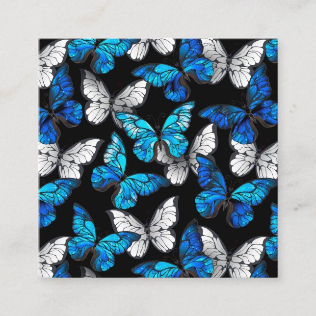 Mörk Sömlöst Mönster med Blue Butterflies Morpho Fyrkantigt Visitkort (Framsida)