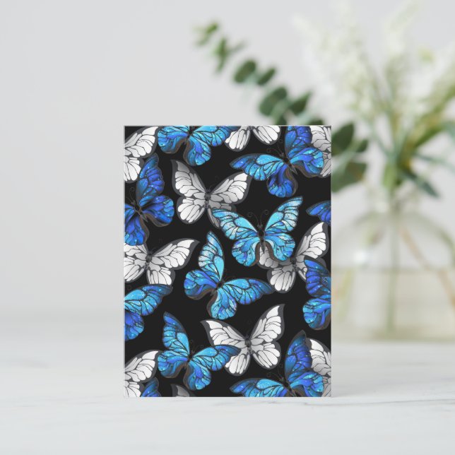 Mörk Sömlöst Mönster med Blue Butterflies Morpho Helg Vykort (Stående Fram)