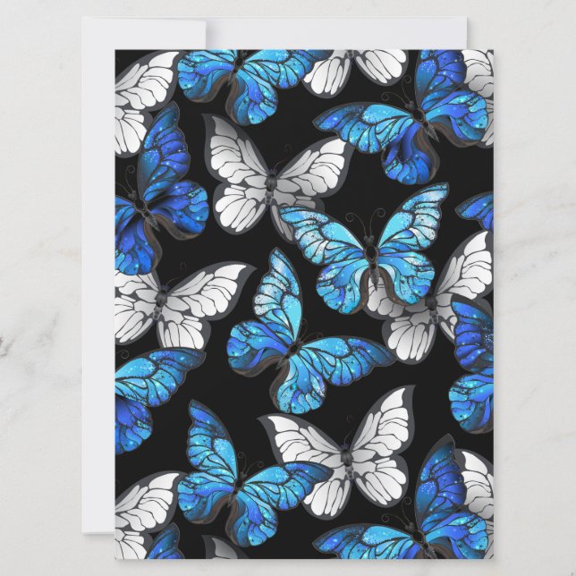 Mörk Sömlöst Mönster med Blue Butterflies Morpho Inbjudningar (Framsida)